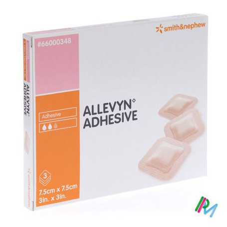 MEDICAZIONE IDROCELLULARE ADESIVA STERILE ALLEVYN ADHESIVE ALTAMENTE ASSORBENTE IN SCHIUMA DI POLIURETANO A STRUTTURA TRISTRATIFICATA 7,5X7,5CM 3 PEZZI