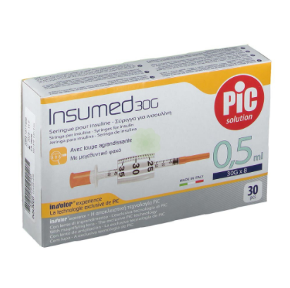 SIRINGA PER INSULINA PIC INSUMED 0,5 ML 100 UI AGO GAUGE 30 LUNGHEZZA 8 MM SENZA SPAZIO MORTO 3 SACCHETTI DA 10 PEZZI