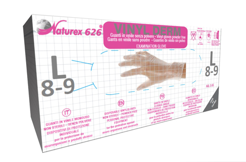 GUANTO MONOUSO IN VINILE MONOUSO RIVESTIMENTO INTERNO IN POLIURETANO NATUREX 626 VINYL DERM SENZA POLVERE AMBIDESTRO BORDO ARROTOLATO MISURA LARGE 100 PEZZI