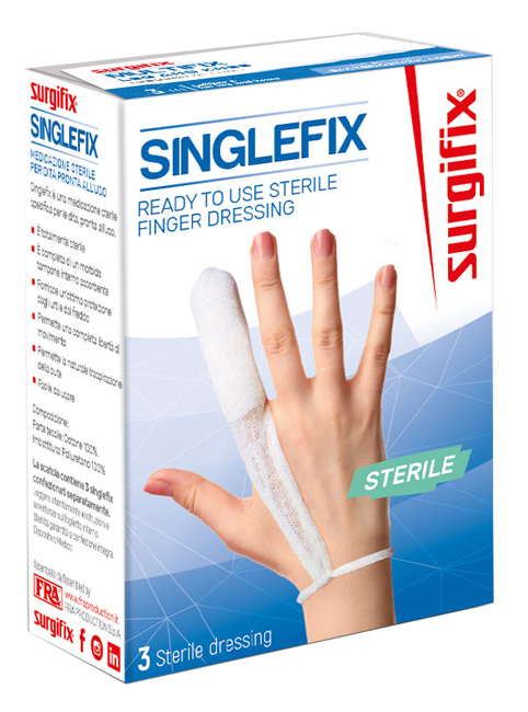 MEDICAZIONE STERILE PER DITO SINGLEFIX, COSTITUITA DA UNA GUAINA IN COTONE E DA UN'IMBOTTITURA INTERNA ASSORBENTE. SI APPLICA DIRETTAMENTE SULLA FERITA E SI FISSA AL POLSO