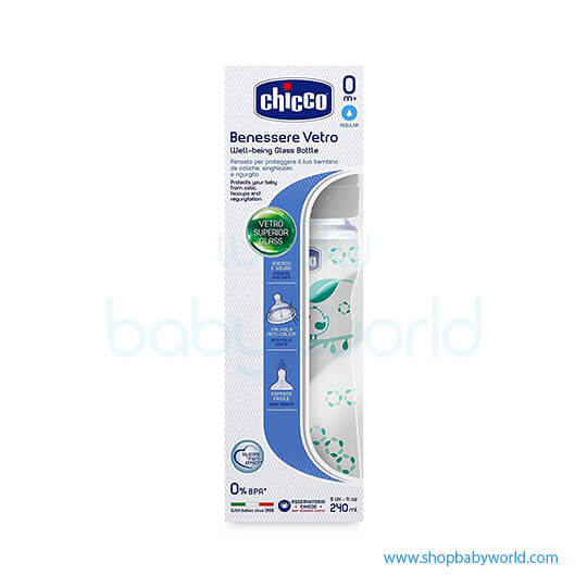 CHICCO BIBERON WELL BEING IN VETRO DECORATO UNISEX DA 240 ML NORMAL SILICONE