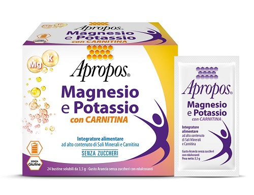 APROPOS MAGNESIO E POTASSIO CON CARNITINA 24 BUSTINE SOLUBILI DA 3,5 G GUSTO ARANCIA SENZA ZUCCHERI