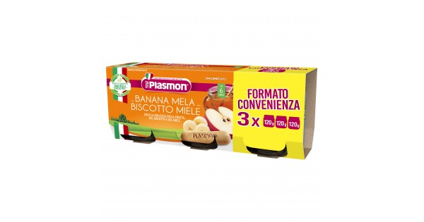 PLASMON OMOGENEIZZATO BANANA/MELA/BISCOTTI/MIELE 120 G X 3 PEZZI