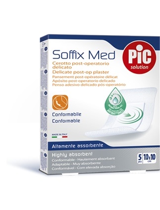 [926522537] CEROTTO PIC SOFFIX MED IN TNT CON TAMPONE CENTRALE ASSORBENTE STERILE MONOUSO 10X10 CM ANTIBATTERICO 5 PEZZI