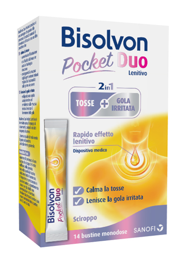 [942965738] BISOLVON DUO POCKET LENITIVO TOSSE + GOLA IRRITATA A BASE DI MIELE E ALTEA 14 BUSTINE MONODOSE 10 ML