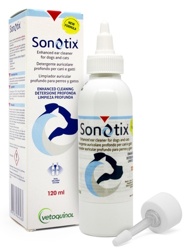 [974010516] SONOTIX DETERGENTE AURICOLARE PROFONDO CANI E GATTI 120 ML + CANNULA CORTA RIGIDA + CANNULA LUNGA FLESSIBILE
