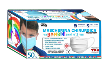 [981064759] MASCHERINA CHIRURGICA GDA PER BAMBINI 6/12 ANNI TIPO II TNT MONOUSO 1 BUSTA DA 10 PEZZI