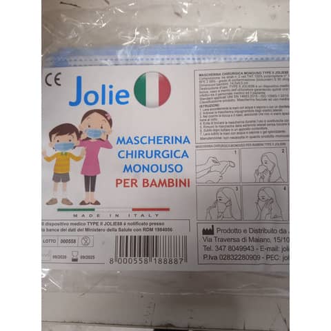 [981082151] JOLIE 88 MASCHERINA CHIRURGICA BIMBI TIPO II AZZURRO 10 PEZZI